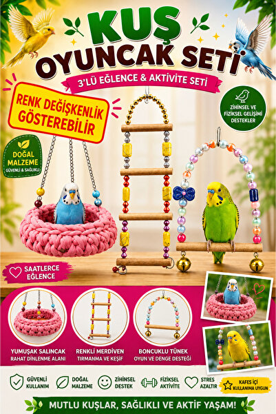 Petshop Kuş Hamağı+ Ahşap Kuş Merdiveni + Boncuklu Kuş Tüneği 3’lü Kuş Oyunca...