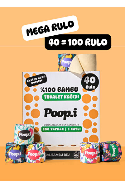 Poop.i %100 Ağartılmamış Bambu "MEGA RULO" 40 Tuvalet Kağıdı FLORAL Doğal Bej