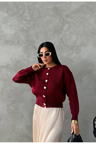 De Pose Kalp Düğme Detaylı Bordo Triko Hırka