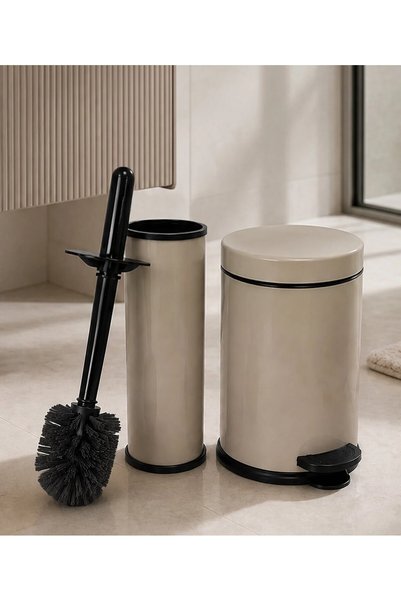GörSeç 3 Litre Bej 2'li Banyo Seti Pedallı Çöp Kovası Wc Klozet Tuvalet Fırça Seti Banyo Çöp Kovası