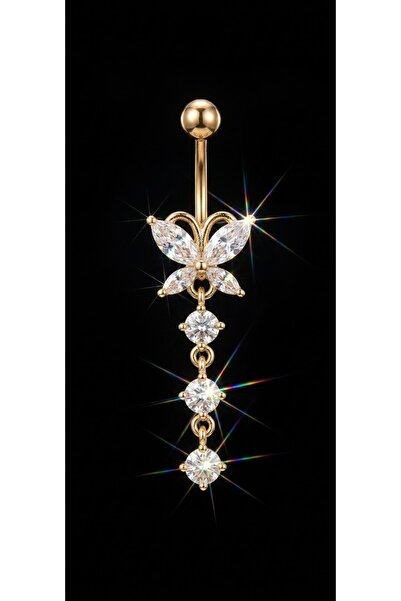 AyçaSilver Gold rengi zirkon taşlı kelebek modeli sallantılı göbek piercing