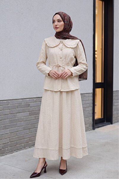 Modamorfo Baby Collar, Laced, Buttoned, Skirted, Lined, Linen Look Suit - Beige