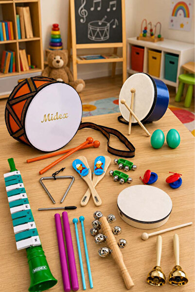 Midex Örf Aletleri Seti Median Paket-3 Maracas Zil Melodika Üçgen Ritim Davul...
