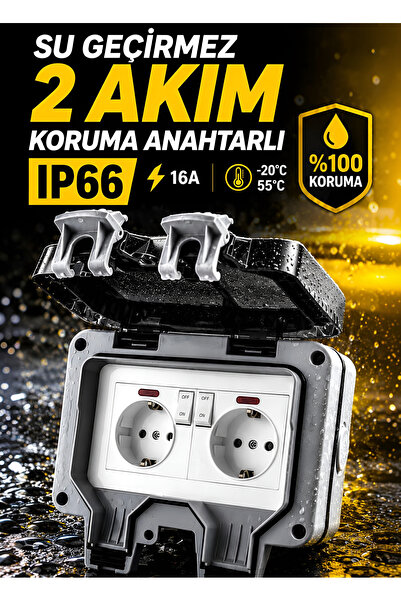 Nexo IP66 Dış Mekan 2'Li Priz, 2 Akım Koruma Su Geçirmez Priz 16A Kapaklı Ele...