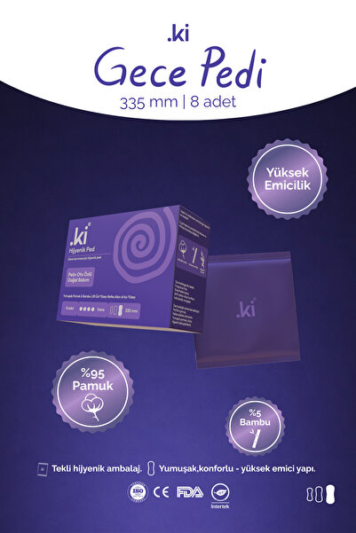ki Premium Gece Hijyenik Ped 335 mm - 8'li %95 Pamuk %5 Bambu