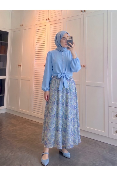 Trend Paris Desenli Etek Bluz ikili Takım Mavi