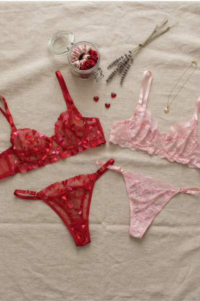 MAİZEN Σετ σουτιέν 2 τεμαχίων Lace Gathering Underwire Ροζ Κόκκινο Σετ σουτιέ...