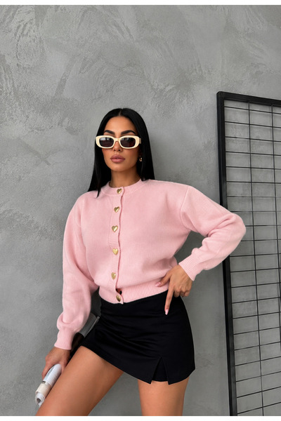 De Pose Heart Button Detailed Candy Pink Knitwear Cardigan