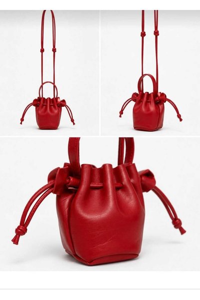 ÖZÜM ÇANTA Women's Red Mini Drawstring Shoulder and Crossbody Bag with Adjustable Strap
