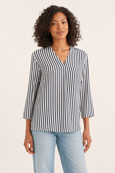 Nuevo Women's Navy Blue and White Striped V-Neck Blouse – Comfortable Fit, Fo...