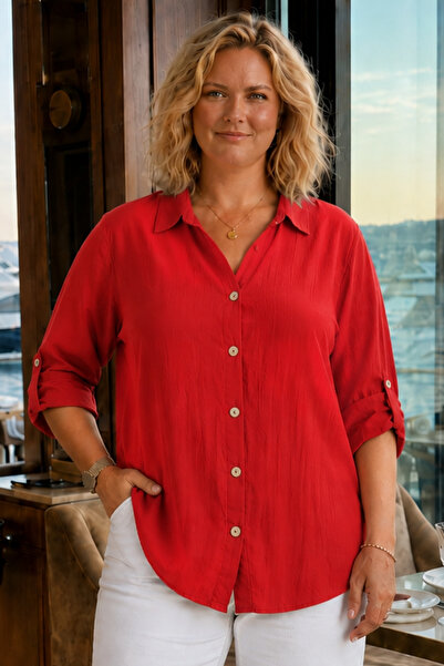 tarzımsüper Women's Large Size Button Detailed Aerobin Fabric Oversize Shirt