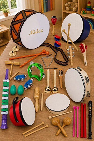 Midex Örf Aletleri Seti Over Paket-3 Marakas Zil Üçgen Melodika Davul Flüt (2...