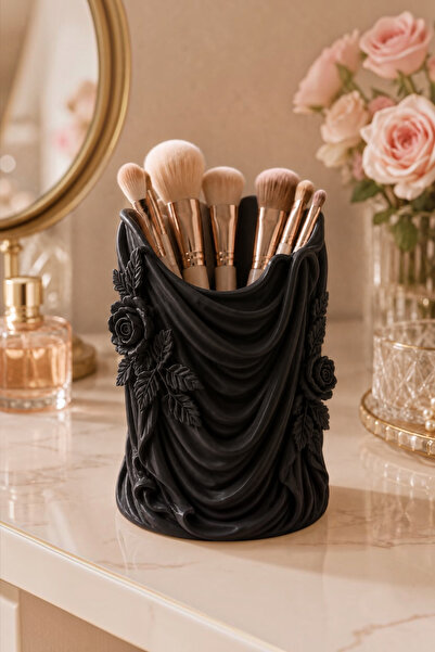 Belupa Rose Motif Draped Makeup Brush Holder Organizer Pen Holder Lipstick Ho...
