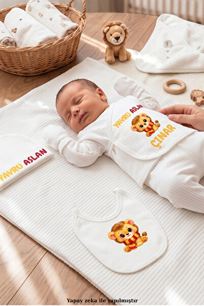 EGGBABY İsimli Yavru Aslan Sarı Kırmızı Taraftar Hastane Çıkışı Seti %100 Pamuk Kişiye Özel 5 li Yenidoğan Bebek Takımı