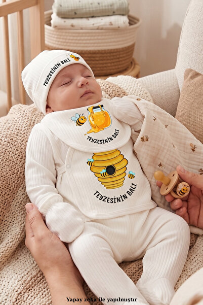 EGGBABY Teyzesinin Balı Baskılı 5'li Bebek Hastane Çıkışı Seti %100 Pamuk Yenidoğan Zıbın Seti Teyze Temalı