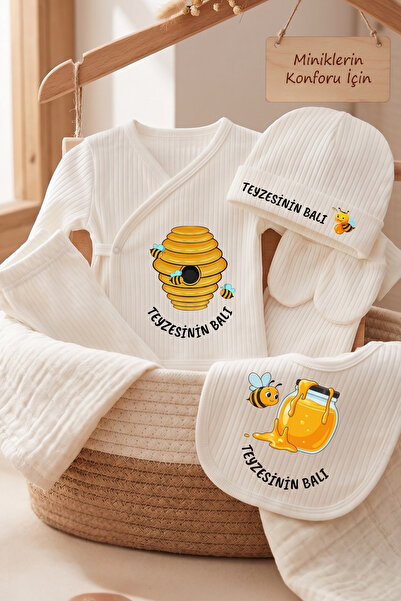 EGGBABY Teyzesinin Balı Baskılı 5'li Bebek Hastane Çıkışı Seti %100 Pamuk Yenidoğan Zıbın Seti Teyze Temalı
