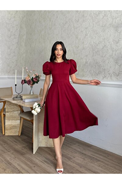 MODA DURAĞI Atlas Kumaş Yuvarlak Yaka Prenses Kol Tasarım Midi Abiye premium ...