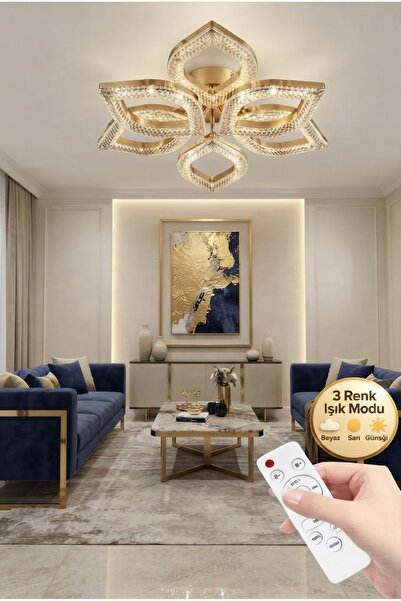 Lüxev Lighting Flora Model Gold 6"lı Ledli 3 Renk Modu Kristal Salon Mutfak Y...