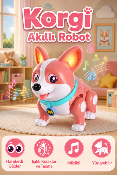 KentOyuncaK Robot Köpek Korgi - Eğitici Oyuncak Akıllı Köpek - Işıklı, Hareke...