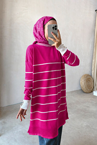 Ka Hijab Crew Neck Striped Mercerized Tunic - Fuchsia
