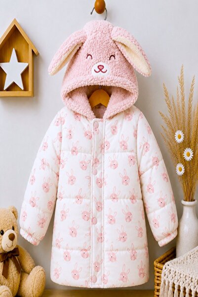 DeKuBaby Cute Rabbit Patterned Hooded Welsoft Zippered Snap Fastener Girl's Coat