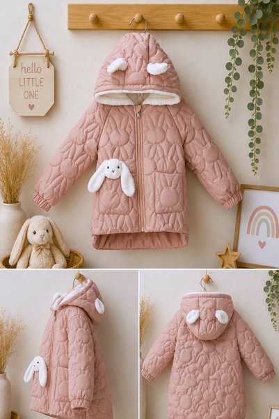 DeKuBaby Yeni Sezon Peluş Tavşan Oyuncaklı İçi Kürklü Cepli Kapüşonlu Kapitone Kışlık Bebek/Çocuk Kaban-Mont