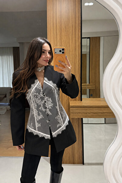 HARMONY GLOBAL Kadın Siyah Dantel Detaylı Blazer Ceket – Kruvaze Form, Astarl...