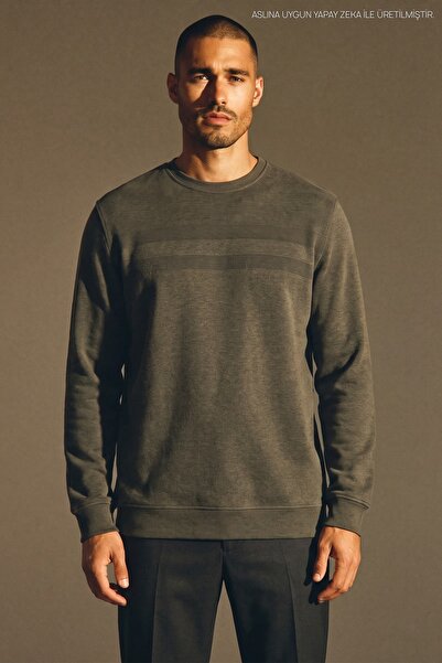 Maccali Men's Large Size Patterned Oversized Winter Khaki Sweatshirt