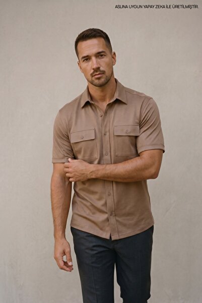 Maccali Men's Trend Mercerized Double Pocket Brown Polo Collar T-Shirt
