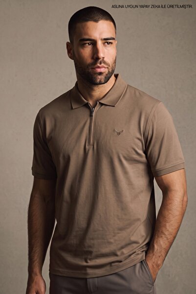 Maccali Men's Trend Loose Fit Brown Polo Half Zipper T-Shirt