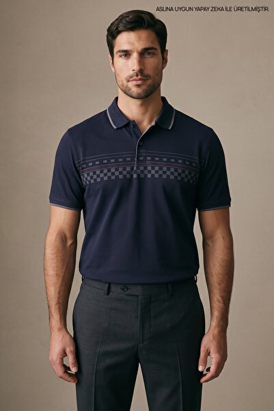 Maccali Men's Short Sleeve Patterned Navy Blue Polo Neck T-Shirt