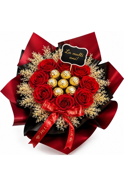 velve Buchet cadou Delice "La Multi Ani!", 7 praline Ferrero, 9 trandafiri de...