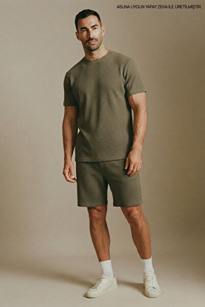 Maccali Men's Trend Cotton Waffle Fabric Khaki T-Shirt