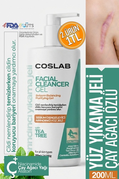 COSLAB جل غسول الوجه بزيت شجرة الشاي 200 مل - موازن للدهون ومضاد للمسام بالسي...