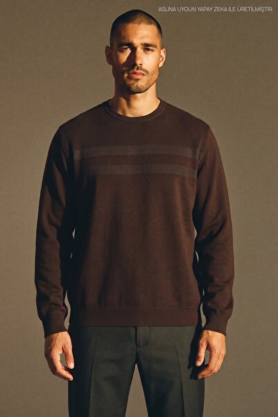 Maccali Men's Large Size Patterned Oversized Winter Brown Sweatshirt