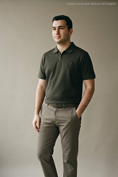 Maccali Men's Textured Premium Fabric Loose Fit Khaki Polo Collar T-Shirt