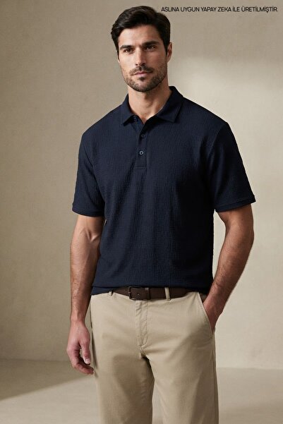 Maccali Men's Casual Textured Short Sleeve Navy Blue Polo Collar T-Shirt