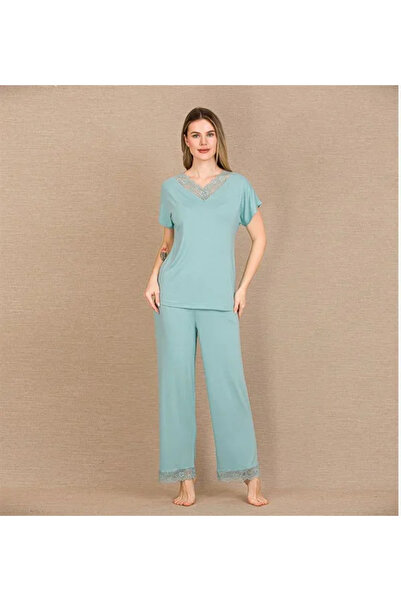 SS HOME CONCEPT Viscose Stylish Design Lace Embroidered Mint Green Short Slee...