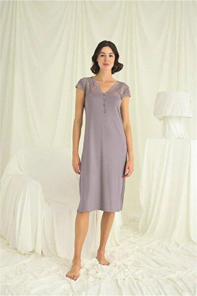 SS HOME CONCEPT Lace Front Buttoned Nightgown with Sleeves Shoulder and Neckline