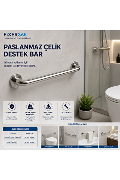 Fixer365 Yaşlı Hasta Engelli Paslanmaz Tutma Tutunma Barı 30 Cm Çap:32 Cm