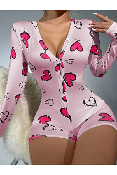 SS HOME CONCEPT Cotton Pink Heart Patterned Buttoned Long Sleeve Jumpsuit Paj...