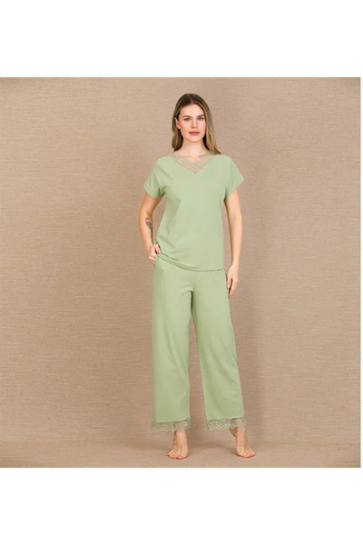 SS HOME CONCEPT Cotton Stylish Design Lace Embroidered Green Short Sleeve Paj...