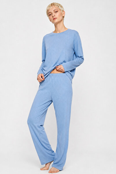 FEG STORE 100% Cotton Baby Blue Soft Textured Long Sleeve Women's Pajama Set