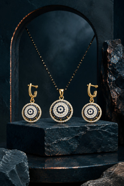 Shinestar atelier Gold Renk Nazar Boncuğu Taşlı Kolye ve Küpe Kadın Takı Seti...