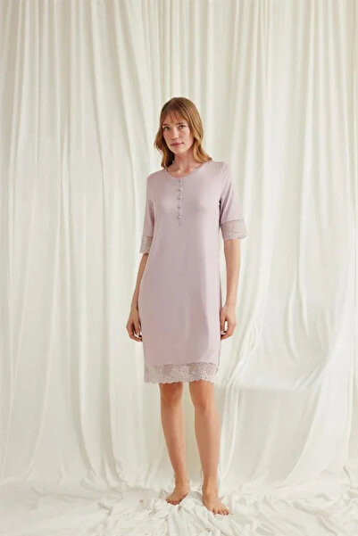 SS HOME CONCEPT Lace Detailed Short Sleeve and Button Front Nightgown