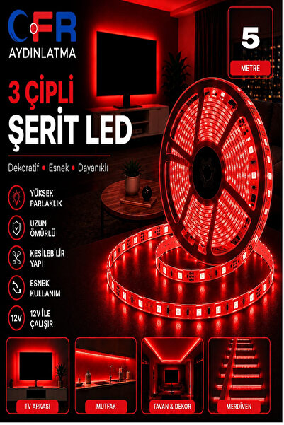 CFR LED AYDINLATMA 3 Çipli Iç Mekan 12V Şerit Led Beyaz,Günışığı,Amber,Mavi,K...