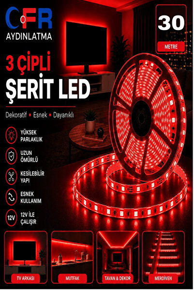 CFR LED AYDINLATMA 3 Çipli Iç Mekan 12V Şerit Led Beyaz,Günışığı,Amber,Mavi,K...