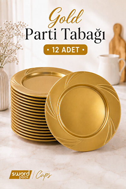 sword pack 12'li Lüks Gold Plastik Parti Tabağı - Gıda Temasına Uygun Dayanık...