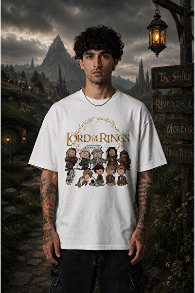 YÜZÜKLERİN EFENDİSİ LOTR Unisex Oversize Tişört - Özel Yaka Baskılı 24/1 Pamuk