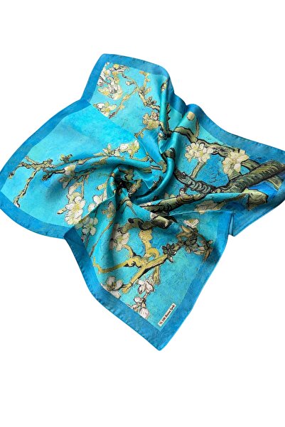 Soyluİpek %100 İpek Van Gogh Badem Ağacı Tablo Bandana Fular - 55x55cm